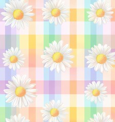Obraz premium seamless pattern of daisies on pastel rainbow gingham background