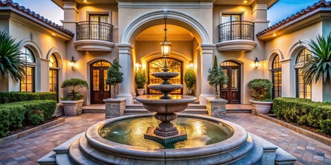 Obraz premium Luxury Home Entrance: Bespoke Fountain & Heated Walkway - Architectural Photography