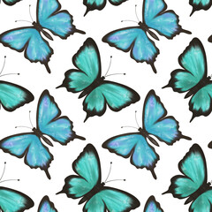 Delicate blue and green butterflies on a white background, seamless pattern. Watercolor digital illustration. For fabric,textiles, wallpaper, wrappers, covers, prints, clothing, souvenirs, accessories