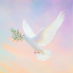 White dove carrying an olive branch against a pastel sky during dawn