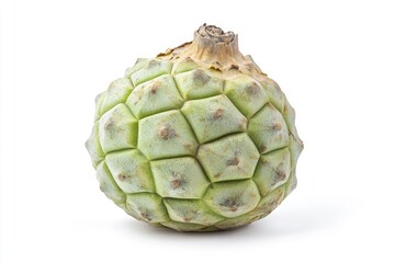 A single, whole, green, round, spiky fruit with a brown stem on top, isolated on a white background