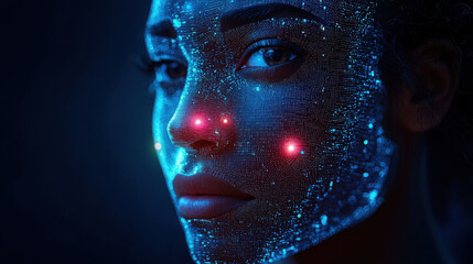 Human face undergoing transformation into synthetic identity in digital landscape revealing AI detection of pixel anomalies