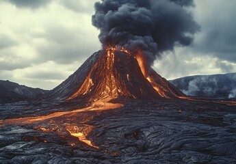 Erupting Volcano with Lava Flow and Dramatic Cloudy Sky in Majestic Landscape