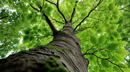 Looking Up at Vibrant Green Tree Canopy, Nature and Growth Perspective