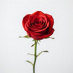 Naklejka premium Stunning Red Rose Bloom Against White Background, Perfect for Romantic Gestures, Floral Imagery.