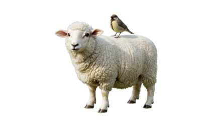 Isolated Sheep with Bird Perched on Back Symbolizing Nature and Harmony