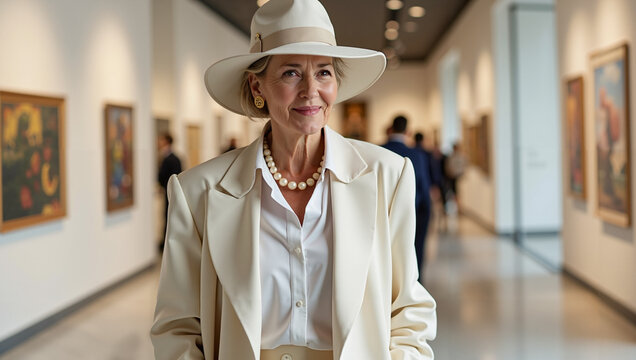 A sophisticated older woman walking through an art gallery