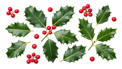 Festive holly leaves and bright red berries scattered on a pure white background, evoking the spirit of Christmas cheer and winter holidays.