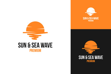 Sun and sea wave logo design template vector illustration