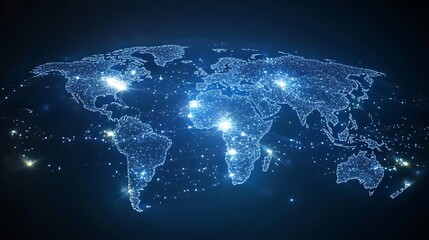Fototapeta premium Futuristic Digital World Map with Glowing Circuits, Futuristic digital world map with glowing orange and blue circuits