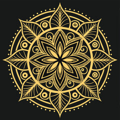 Golden ornamental round ornament on black background(round mandala)