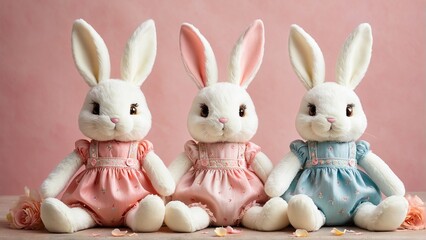 A Trio of Plush Bunny Rabbits Dressed in Pastel Rompers Sit Against a Soft Pink Background.