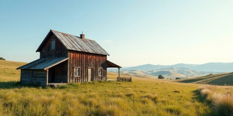 Rustic Wooden House on Expansive Grassy Plain with Distant Rolling Hills under a Clear Sky