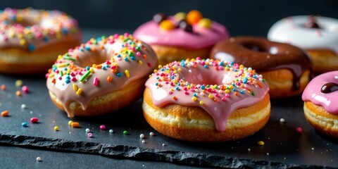 A delightful assortment of sweet treats, each donut generously coated in a vibrant, colorful glaze and sprinkled with a rainbow of sugary delights
