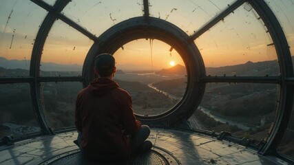 Man Meditates in Glass Dome at Sunset Over Mountains - Powered by Adobe
