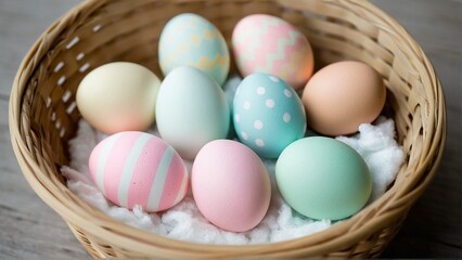 A Wicker Basket of Lovingly Decorated Easter Eggs Displaying Pastel Colors and Various Patterns on a Wooden Surface