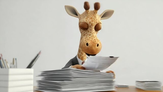 Amusing Giraffe in Business Suit Overwhelmed by Paperwork and Office Task in Workplace