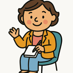 Friendly woman waving while seated with notebook in a simple setting  