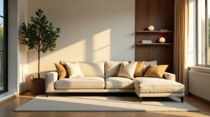 Fototapeta premium Serene Living Room Interior Design with Beige Sectional Sofa and Natural Light