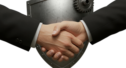 Isolated symbol for partnership, handshake with shild, partnership deal symbol