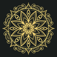 Golden ornamental round ornament on black background(round mandala)