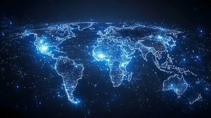 Futuristic Digital World Map with Glowing Circuits, Futuristic digital world map with glowing orange and blue circuits