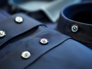 Close-Up Blue Shirt Fabric: Elegant Menswear with Tailored Buttons and Collars in a Modern Sartorial Style