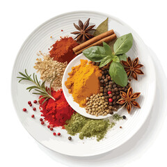 different spices on a plate on white background