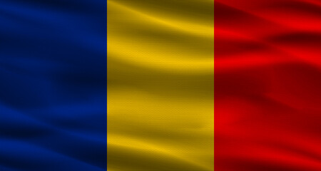 Obraz premium Romanian flag with fabric texture. Realistic flag of Romania waving