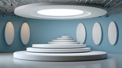 Obraz premium Modern exhibition space with circular podiums and blank canvases
