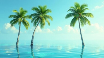 Obraz premium Serene tropical paradise three palm trees gently sway in a tranquil ocean under a bright, clear sky, reflecting peace and tranquility