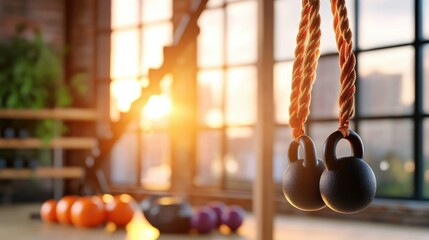 Motivational fitness scene: battle ropes hanging, a collection of kettlebells, and an agility ladder prepared for a workout.