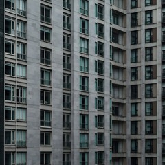 Fototapeta premium Modern High-Rise Apartment Building Facade Urban Architecture and Residential Design with Windows, Grey Exterior.