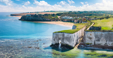 Aerial view of the beautiful Kingsgate Beach at the coast of Kent, England, with white chalk cliffs...