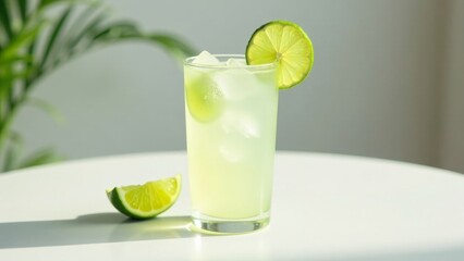 Refreshing Lime Beverage in Tall Glass with Ice Cubes and Lime Wedge on a White Table