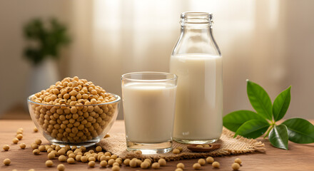 Soy Milk Display with Soybeans in Glass Bowl and Bottle Featuring a Wooden Table and Neutral Backdrop