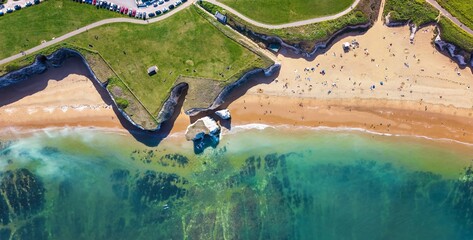 Aerial overhead view of the beautiful beach of Botany Bay, Kent, England, with white chalk rocks in...