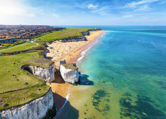 Aerial view of the east coast of England, Kent, with the beautiful beach of Botany Bay and white...