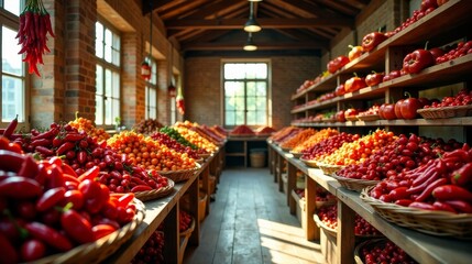 Abundant Harvest Rows of Vibrant Red and Orange Peppers and Tomatoes Displayed in Rustic Wooden Baskets Within a Sunlit Market Stall