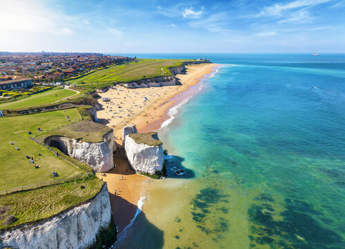Aerial view of the east coast of England, Kent, with the beautiful beach of Botany Bay and white chalk rocks in the sea