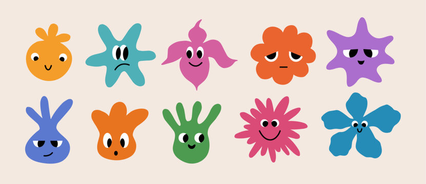 Naklejki Set of abstract basic shape with big eye. Organic floral elements in flat style. Collection character stickers. Faces with various emotions