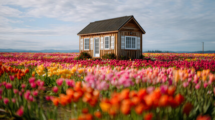 Obraz premium Small House in Colorful Tulip Field