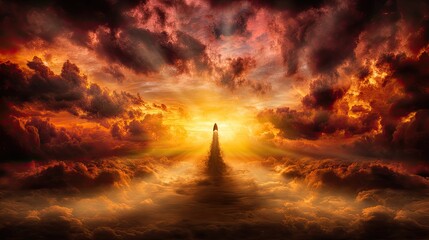 Obraz premium Rocket ascending through vibrant sunset clouds