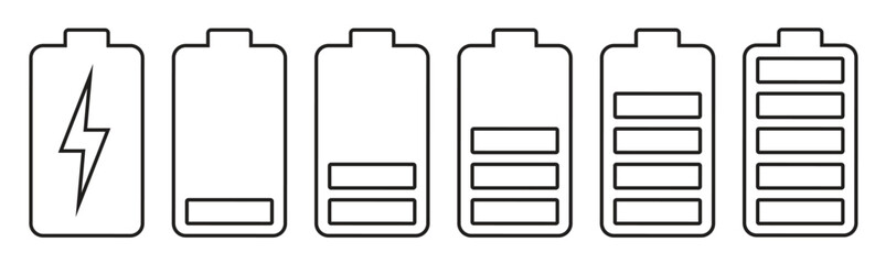 Battery charging indicator icon in white background. Fully charged and discharged battery in 0 to 100 % level icon. Vector illustration.