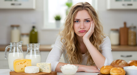 Sad Woman with Curly Blonde Hair Surrounded by Dairy Products on a Kitchen Table Displaying Food Intolerance