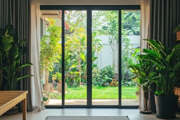 Fototapeta premium Patio doors opening to lush green garden. Airy and serene space