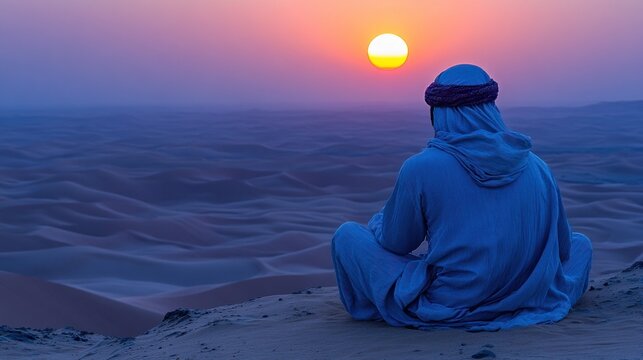 Man in flowing robes meditates atop a sand dune, watching a vibrant sunset over endless desert ripples