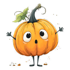cute cartoon illustration of carved pumpkin with expressive eyes and surprised expression, featuring green stem and leaves. pumpkin has small arms and legs