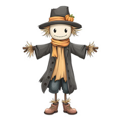 Cute cartoon illustration of scarecrow with pumpkin hat, wearing coat and scarf, exuding friendly and whimsical vibe. Perfect for autumn or Halloween themes