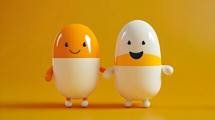Fototapeta premium 3D cartoon character of an orange and white pill. Concept: healthcare, medicine or pharmaceutical products in a playful and approachable manner.